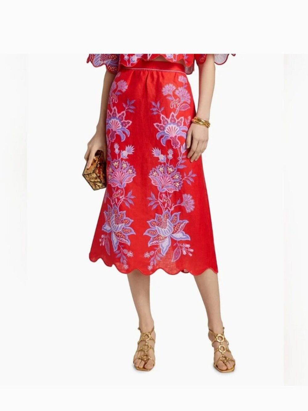 Farm Rio Linen Red Midi Skirt size M